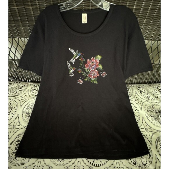 Vintage Women's T-Shirt Black Anvil 3D Embellishing Flower Lip Tops Size L - Picture 1 of 10